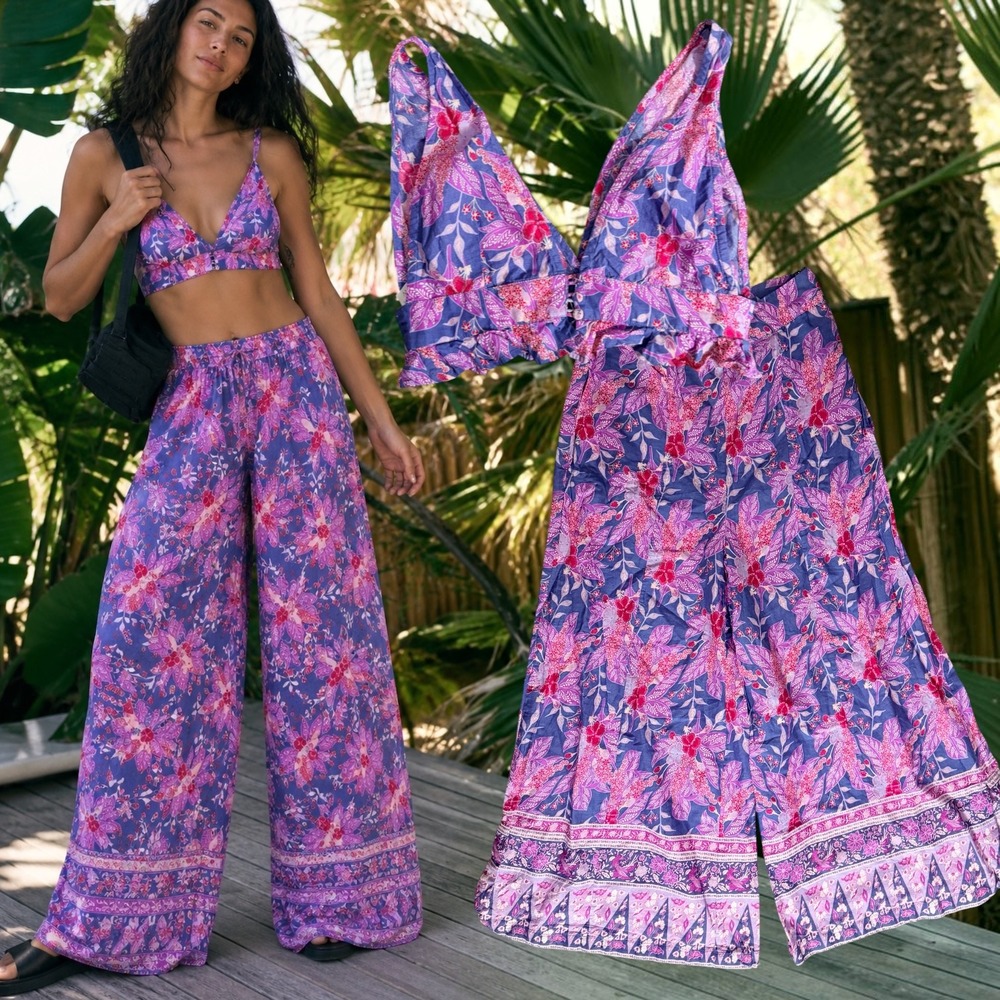 MIRA Matching Set Floral Plunge V Neck Crop Top Wide Leg Pants Purple Pink Small